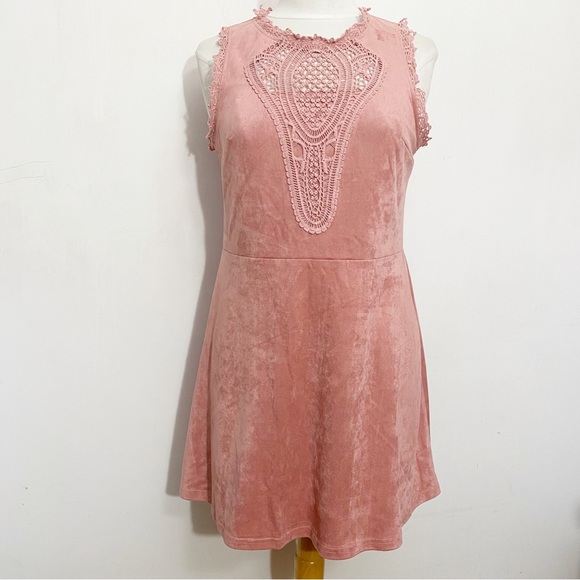 RUE21 faux suede sleeveless soft fit and flare dress embellished with crochet L - Picture 1 of 6